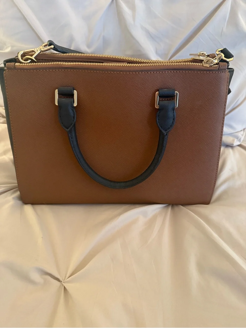 MICHAEL KORS Brown and Black Saffiano Leather Satchel with Gold Hardware